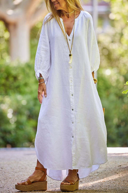 Robe Femme Veanna – Élégante Robe à Manches Longues avec Col en V & Boutonnage