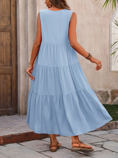 Robe Vellaria – Robe Longue d’Été Sans Manche Fluide à Volants pour Femme Chic