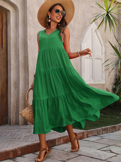 Robe Vellaria – Robe Longue d’Été Sans Manche Fluide à Volants pour Femme Chic