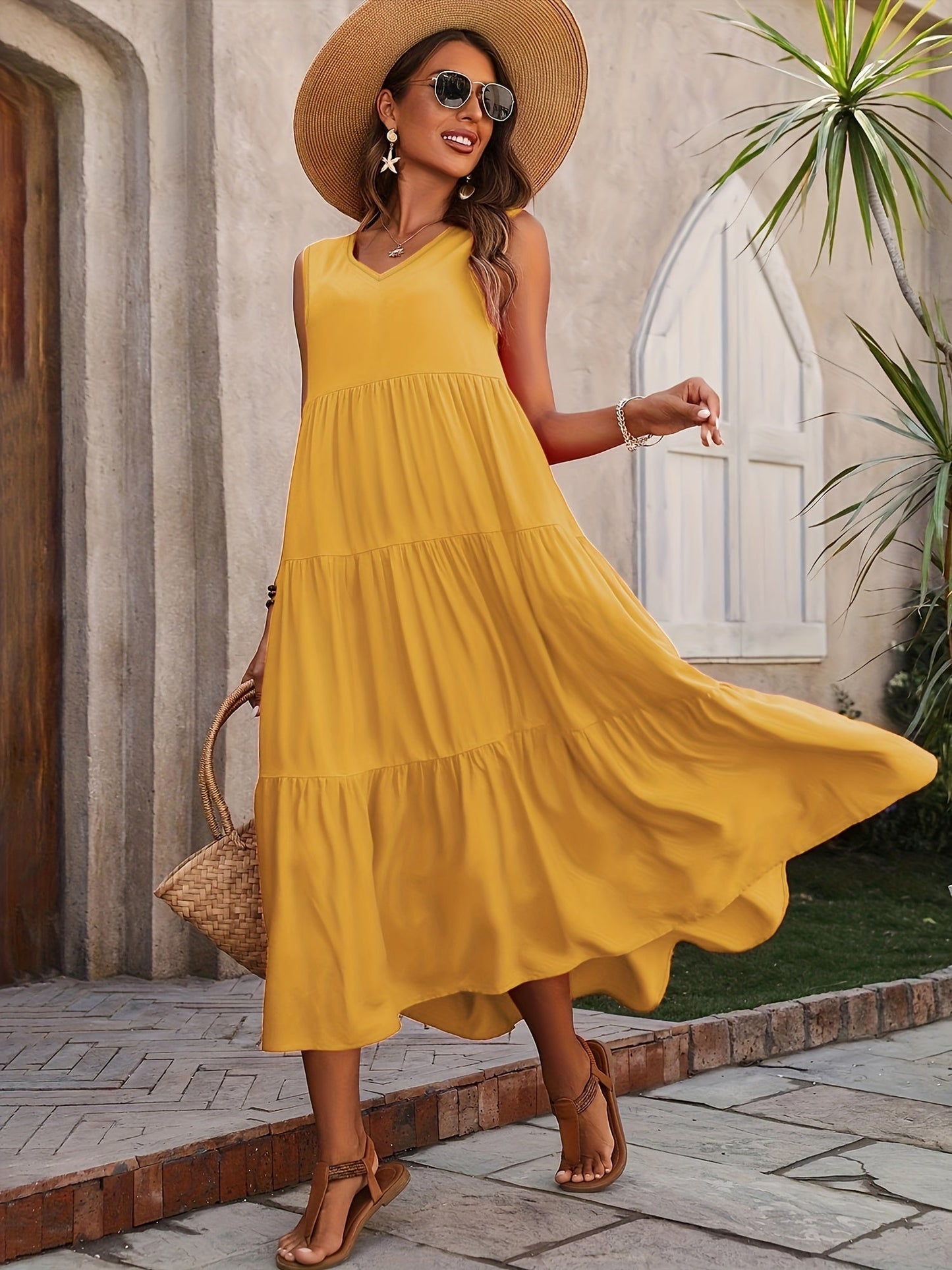 Robe Vellaria – Robe Longue d’Été Sans Manche Fluide à Volants pour Femme Chic
