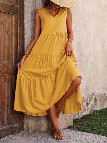 Robe Vellaria – Robe Longue d’Été Sans Manche Fluide à Volants pour Femme Chic