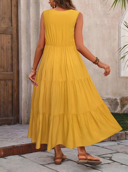 Robe Vellaria – Robe Longue d’Été Sans Manche Fluide à Volants pour Femme Chic