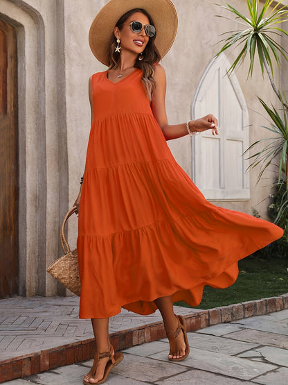 Robe Vellaria – Robe Longue d’Été Sans Manche Fluide à Volants pour Femme Chic