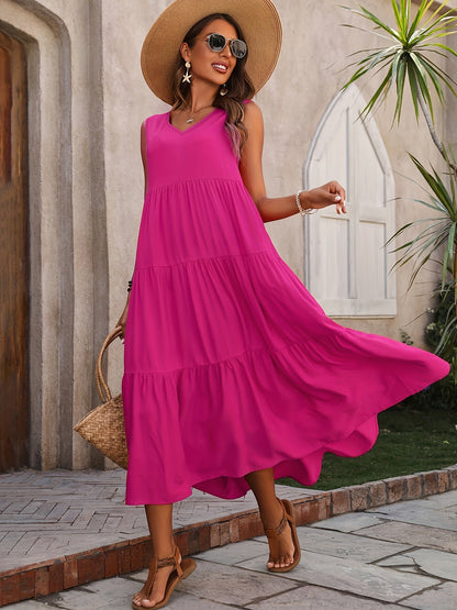 Robe Vellaria – Robe Longue d’Été Sans Manche Fluide à Volants pour Femme Chic