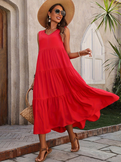 Robe Vellaria – Robe Longue d’Été Sans Manche Fluide à Volants pour Femme Chic