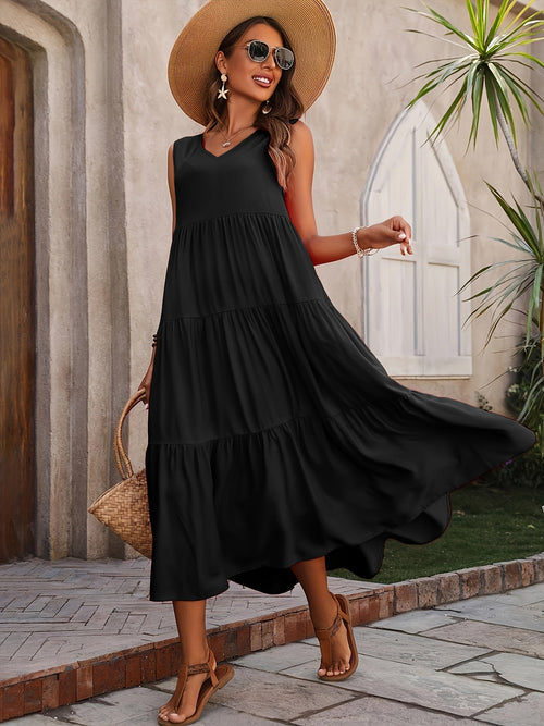 Robe Vellaria – Robe Longue d’Été Sans Manche Fluide à Volants pour Femme Chic