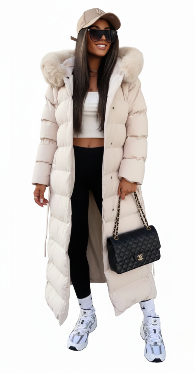 Vera Women's Long Winter Coat – Elegant Down Jacket with Faux Fur Collar and Belt