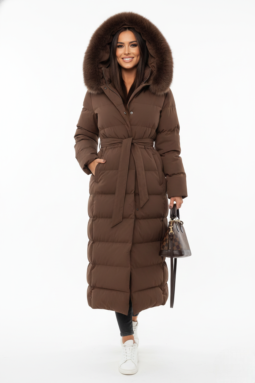 Vera Women's Long Winter Coat – Elegant Down Jacket with Faux Fur Collar and Belt