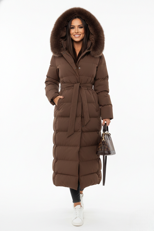 Vera Women's Long Winter Coat – Elegant Down Jacket with Faux Fur Collar and Belt