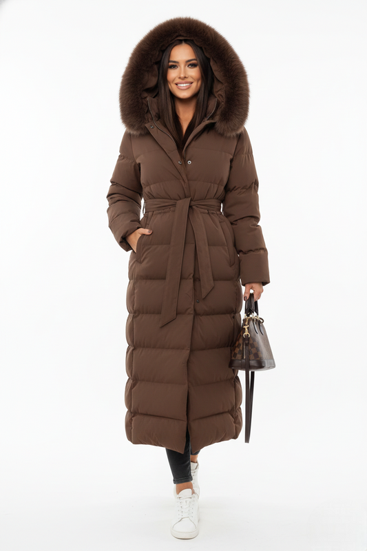 Vera Women's Long Winter Coat – Elegant Down Jacket with Faux Fur Collar and Belt