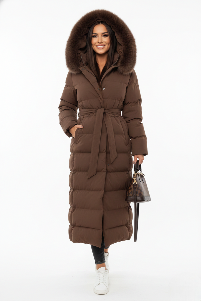 Vera Women's Long Winter Coat – Elegant Down Jacket with Faux Fur Collar and Belt