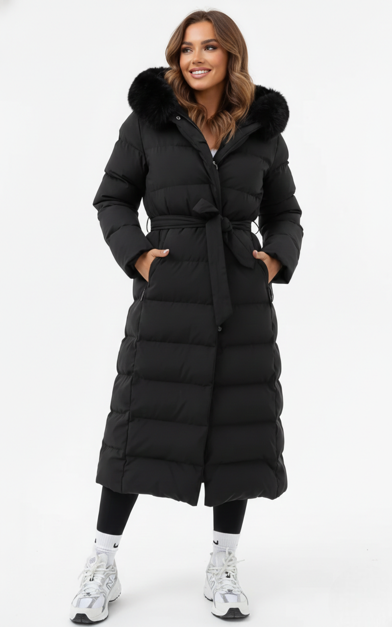 Vera Women's Long Winter Coat – Elegant Down Jacket with Faux Fur Collar and Belt