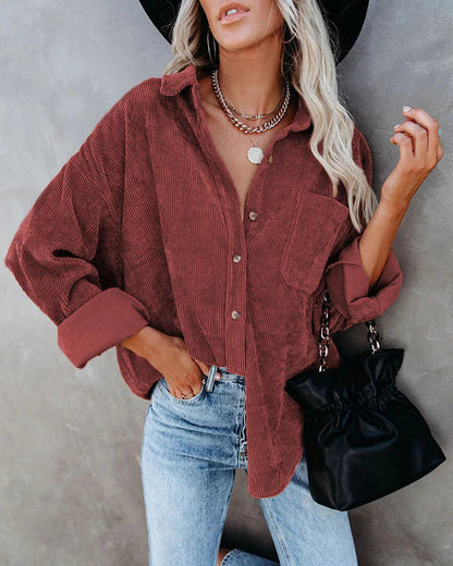 Ainsley Chemise Femme – Chemise Vintage Décontractée en Velours Côtelé Doux avec Poche Poitrine