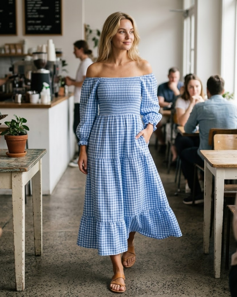 Léonie Bohemian Dress for Women – Off-Shoulder Ruffled Checkered Midi Summer Dress