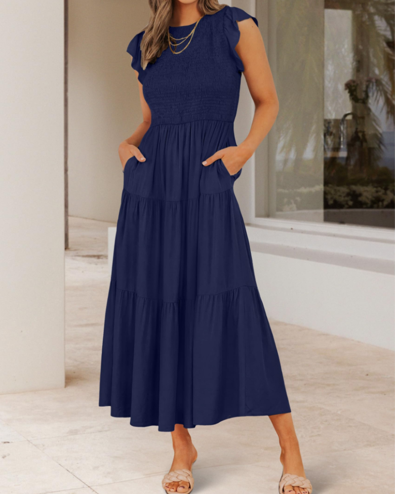 Gemma Midi Dress for Women – Smocked Waist with Ruffled Sleeves