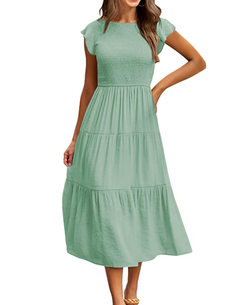 Plinky Women's Dress – Summer Ruffle Elastic Waist A-Line Midi Dress