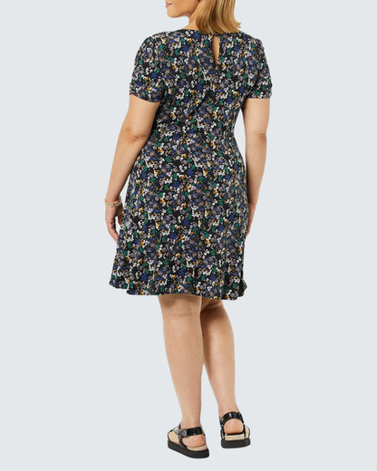 Girlie Women's A-Line Dress – Round Neck, Short Puff Sleeves, Flowing Cut
