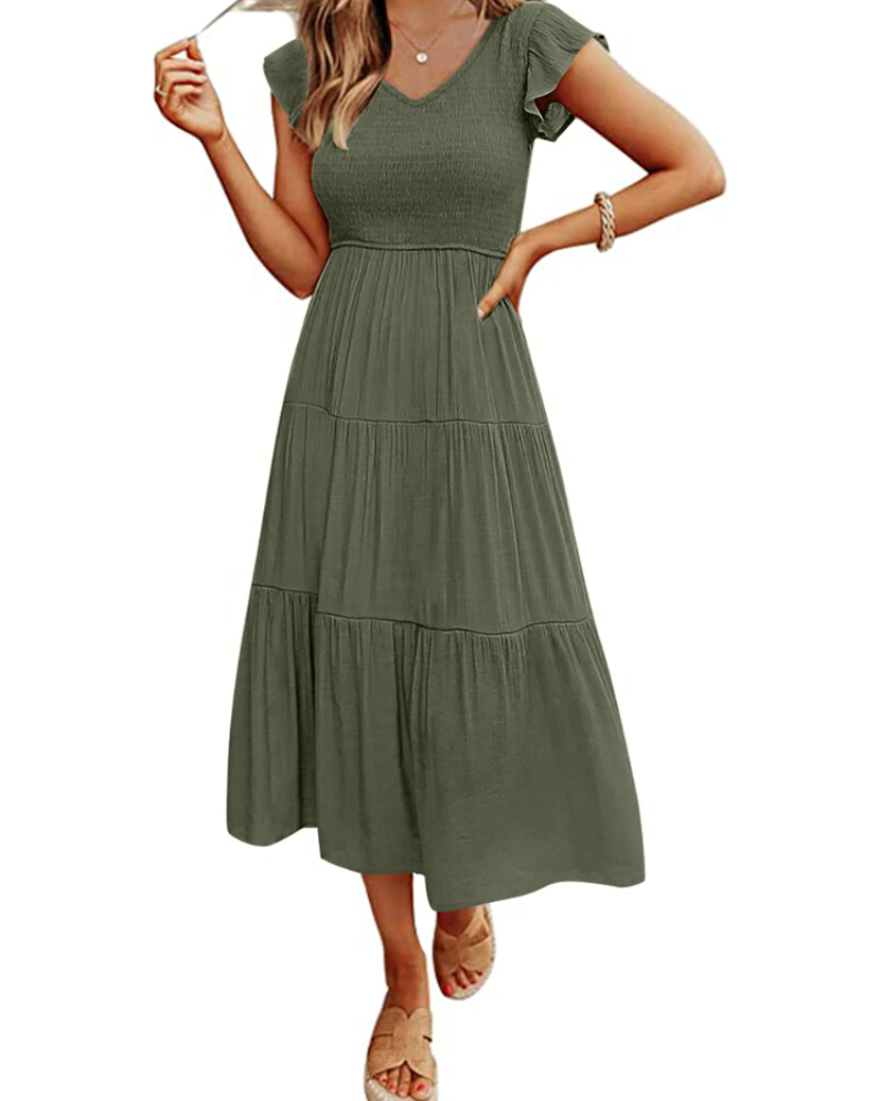 Skye Midi Dress for Women – V-Neck Smocked with Ruffled Sleeves & Pockets