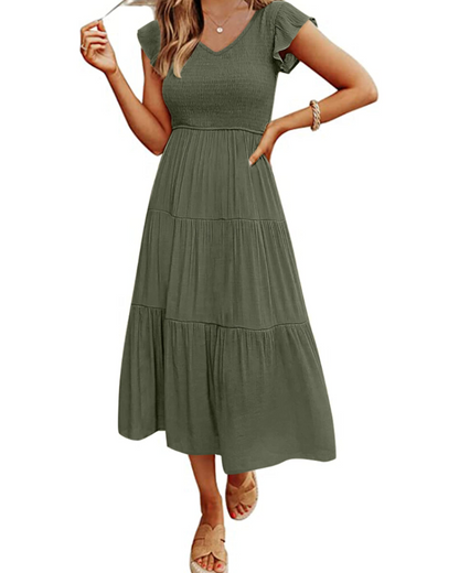 Skye Midi Dress for Women – V-Neck Smocked with Ruffled Sleeves & Pockets