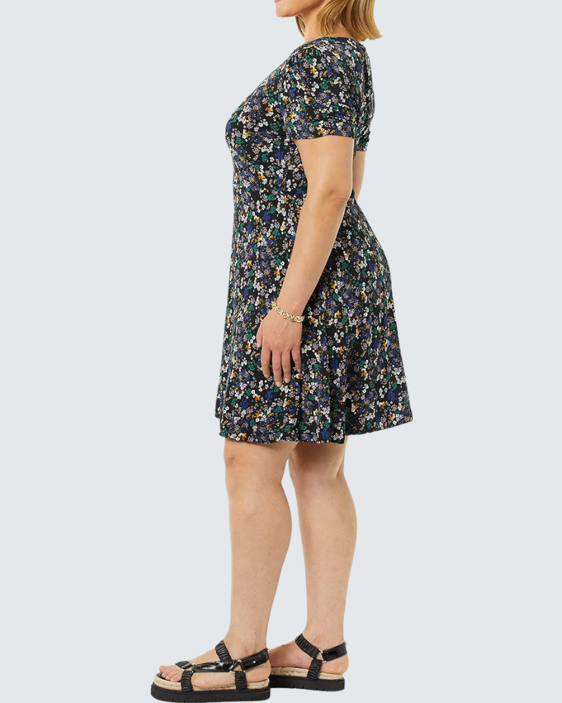 Girlie Women's A-Line Dress – Round Neck, Short Puff Sleeves, Flowing Cut