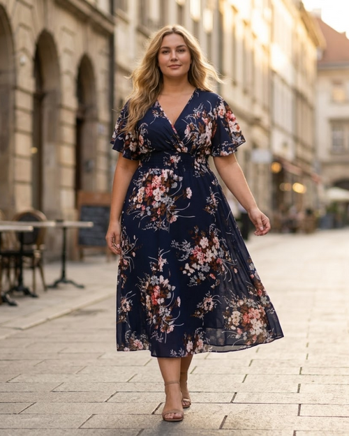 Elise Women's Dress – Midi Floral V-Neck A-Line Linen Cotton Flowing Elegant Summer Dress