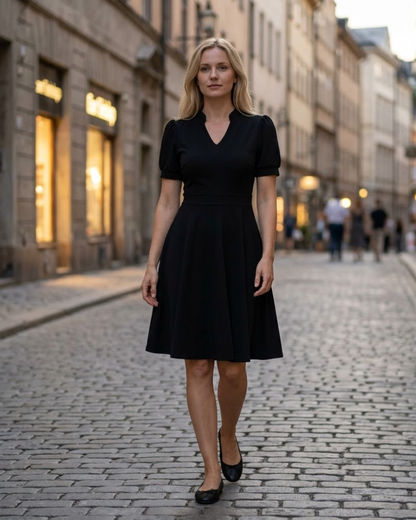 Sophie Women's Dress – Flared V-Neck Dress with Puff Sleeves and Elegant Pockets