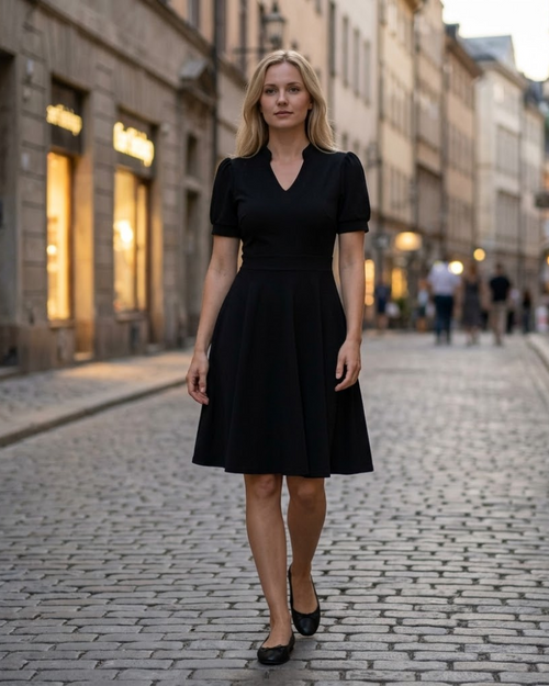 Sophie Women's Dress – Flared V-Neck Dress with Puff Sleeves and Elegant Pockets