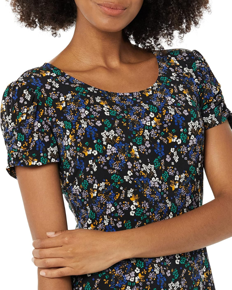 Girlie Women's A-Line Dress – Round Neck, Short Puff Sleeves, Flowing Cut