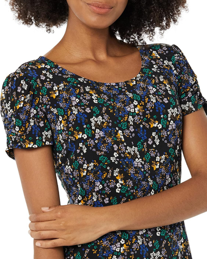Girlie Women's A-Line Dress – Round Neck, Short Puff Sleeves, Flowing Cut