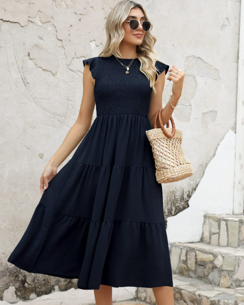 Plinky Women's Dress – Summer Ruffle Elastic Waist A-Line Midi Dress