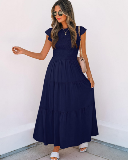 Gemma Midi Dress for Women – Smocked Waist with Ruffled Sleeves