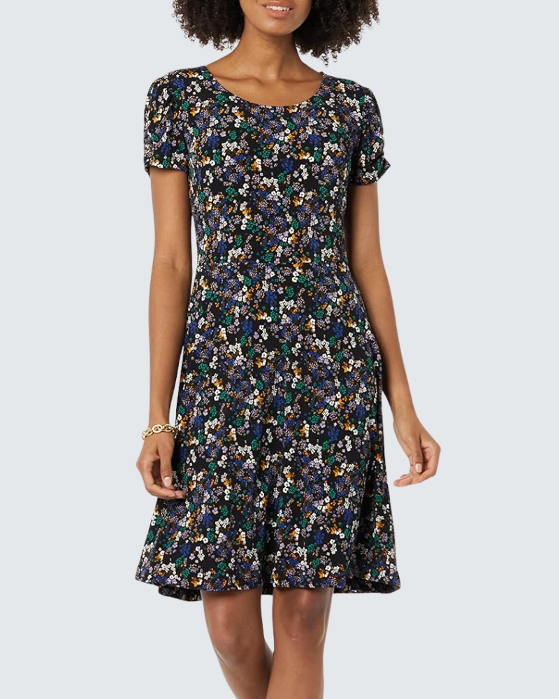 Girlie Women's A-Line Dress – Round Neck, Short Puff Sleeves, Flowing Cut