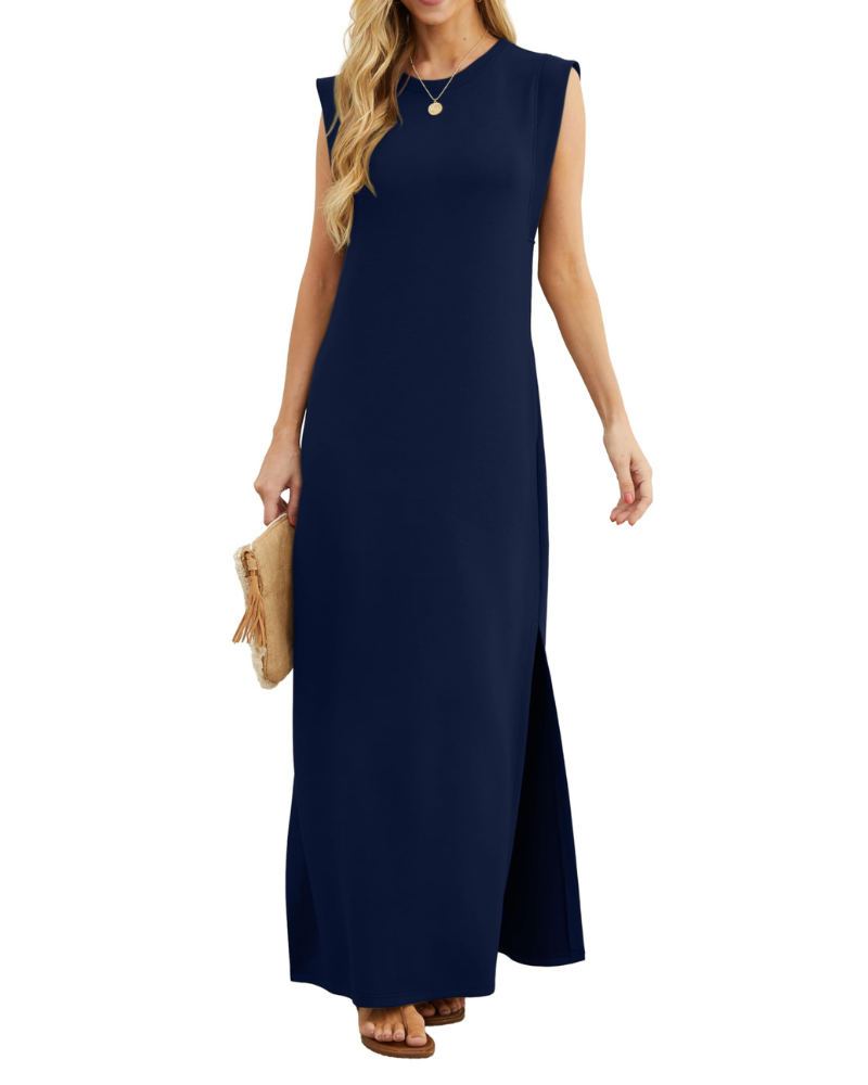 Erin Maxi Dress for Women Summer – Sleeveless Round Neck Slit & Pockets