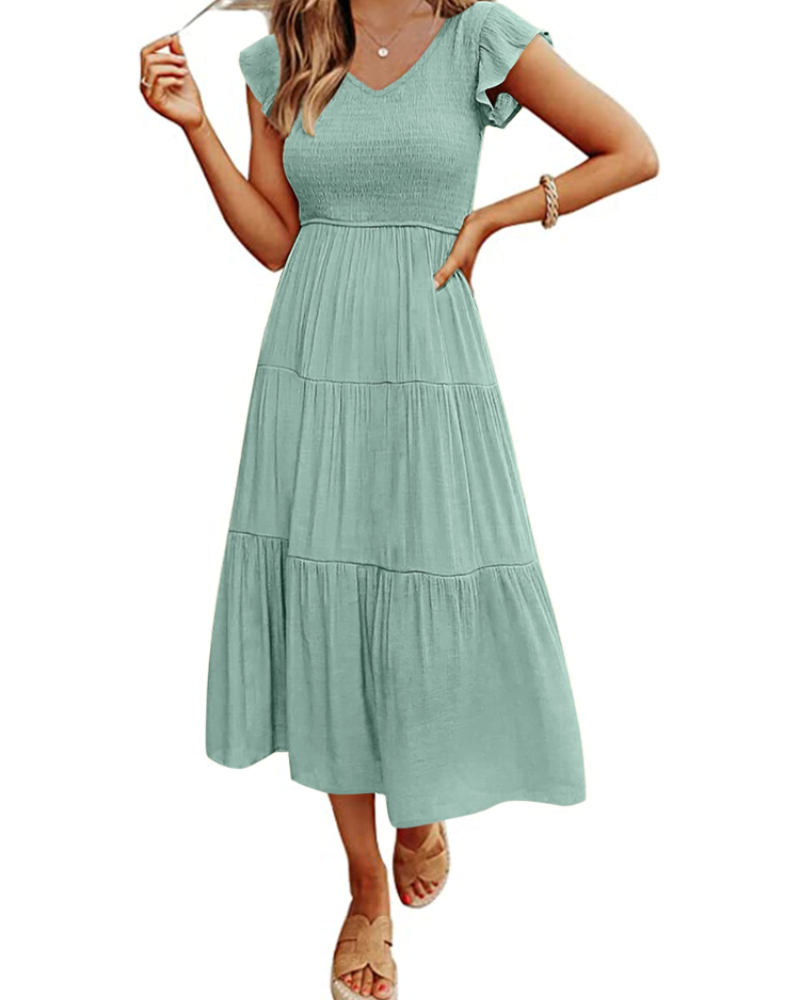 Skye Midi Dress for Women – V-Neck Smocked with Ruffled Sleeves & Pockets