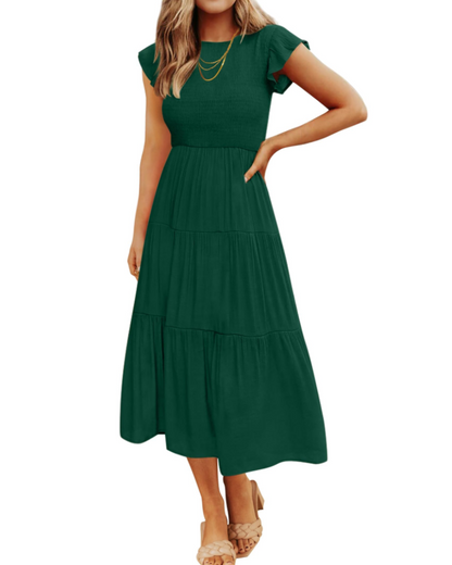 Gemma Midi Dress for Women – Smocked Waist with Ruffled Sleeves