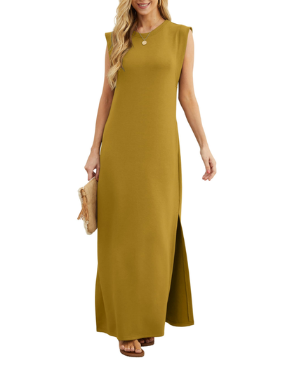 Erin Maxi Dress for Women Summer – Sleeveless Round Neck Slit & Pockets
