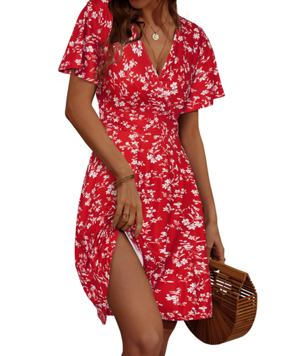 Faith Midi Dress for Women - Summer – Wrap Effect V-Neck with Ruffled Sleeves