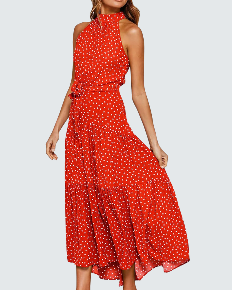 Fina Women's Maxi Bohemian Dress – Polka Dot Print, Off-Shoulder, Flowing Cut for Summer