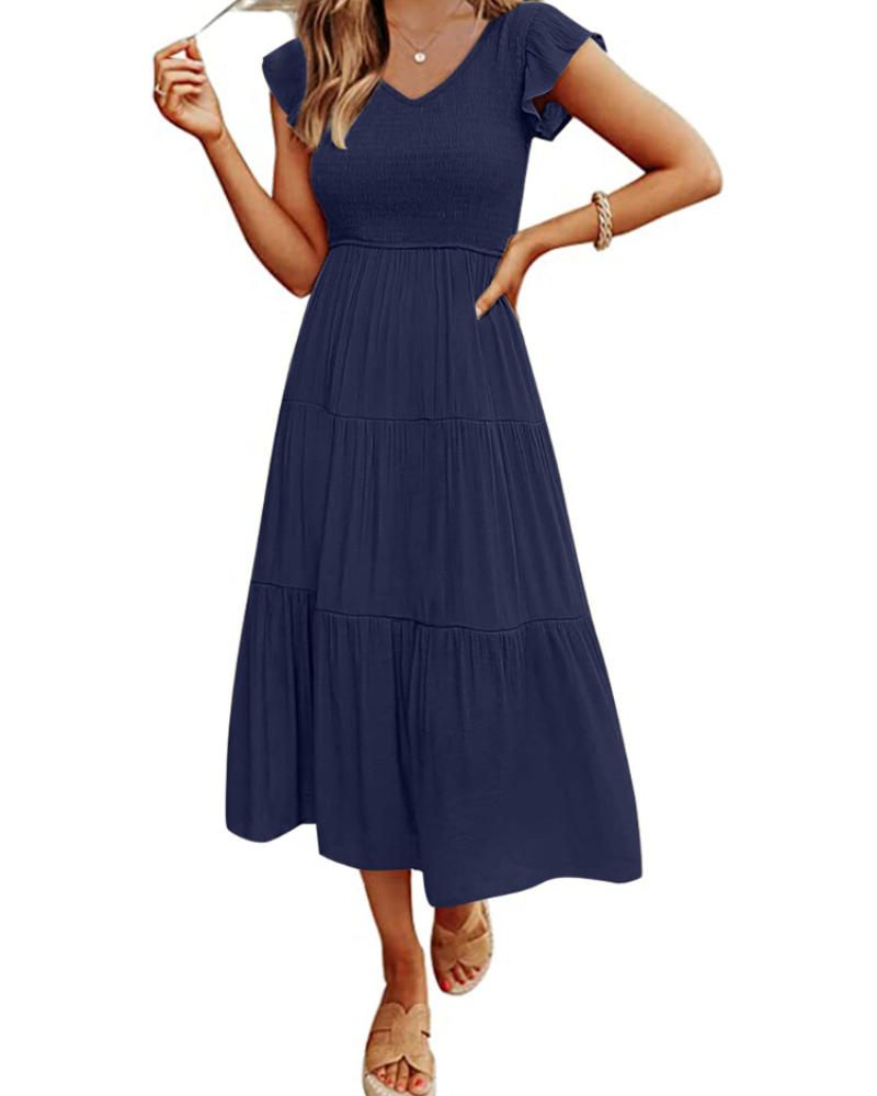 Skye Midi Dress for Women – V-Neck Smocked with Ruffled Sleeves & Pockets