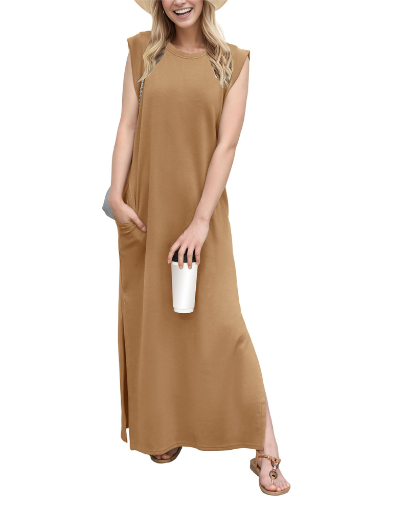 Erin Maxi Dress for Women Summer – Sleeveless Round Neck Slit & Pockets