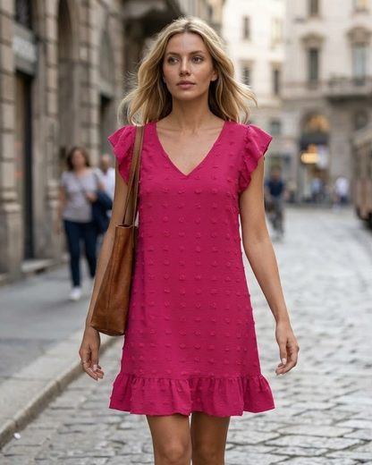 Chloé Women's Dress – Midi Dress with V-Neck, Short Ruffled Sleeves, A-Line Cut for Summer