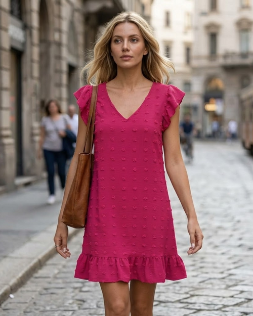 Chloé Women's Dress – Midi Dress with V-Neck, Short Ruffled Sleeves, A-Line Cut for Summer