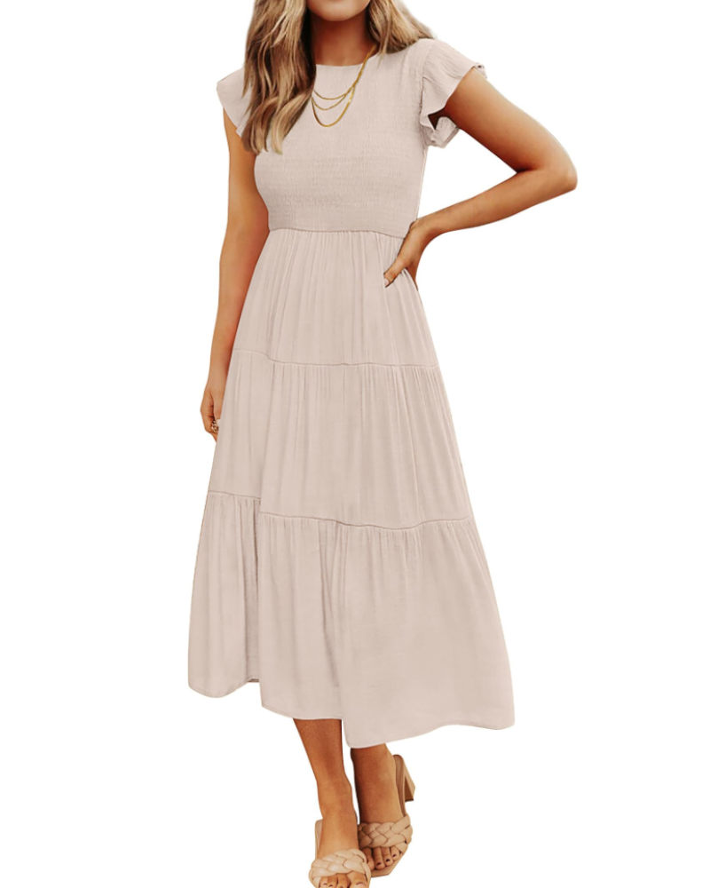 Gemma Midi Dress for Women – Smocked Waist with Ruffled Sleeves