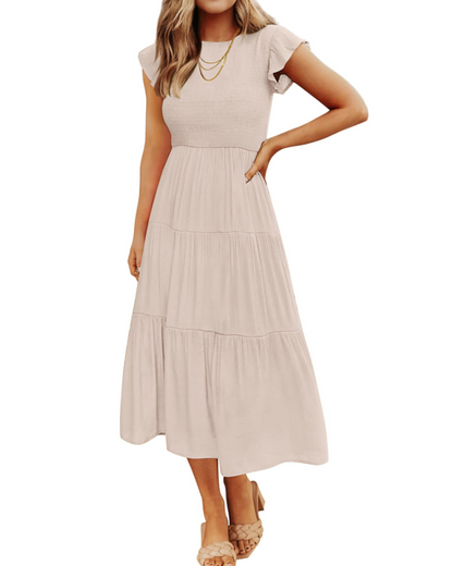 Gemma Midi Dress for Women – Smocked Waist with Ruffled Sleeves