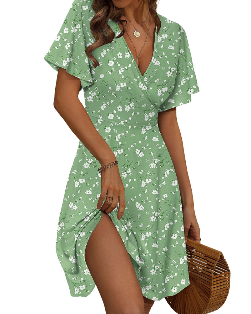 Faith Midi Dress for Women - Summer – Wrap Effect V-Neck with Ruffled Sleeves