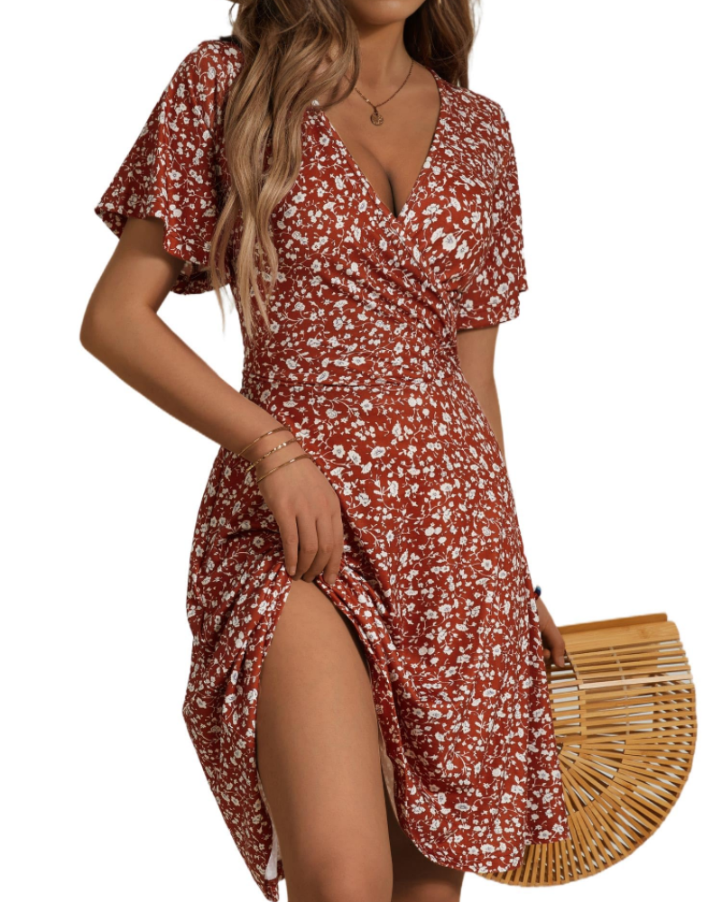 Faith Midi Dress for Women - Summer – Wrap Effect V-Neck with Ruffled Sleeves