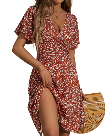 Faith Midi Dress for Women - Summer – Wrap Effect V-Neck with Ruffled Sleeves