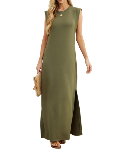 Erin Maxi Dress for Women Summer – Sleeveless Round Neck Slit & Pockets