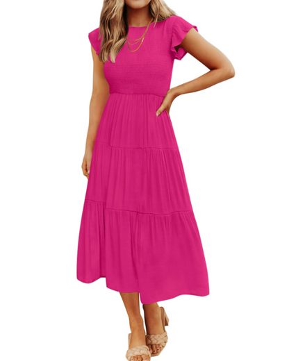 Gemma Midi Dress for Women – Smocked Waist with Ruffled Sleeves
