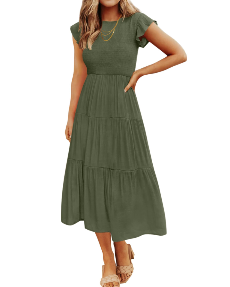 Gemma Midi Dress for Women – Smocked Waist with Ruffled Sleeves